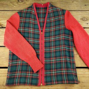 Womens Vintage Christmas Plaid V Neck Zip Up Sweater Red Green Size Small